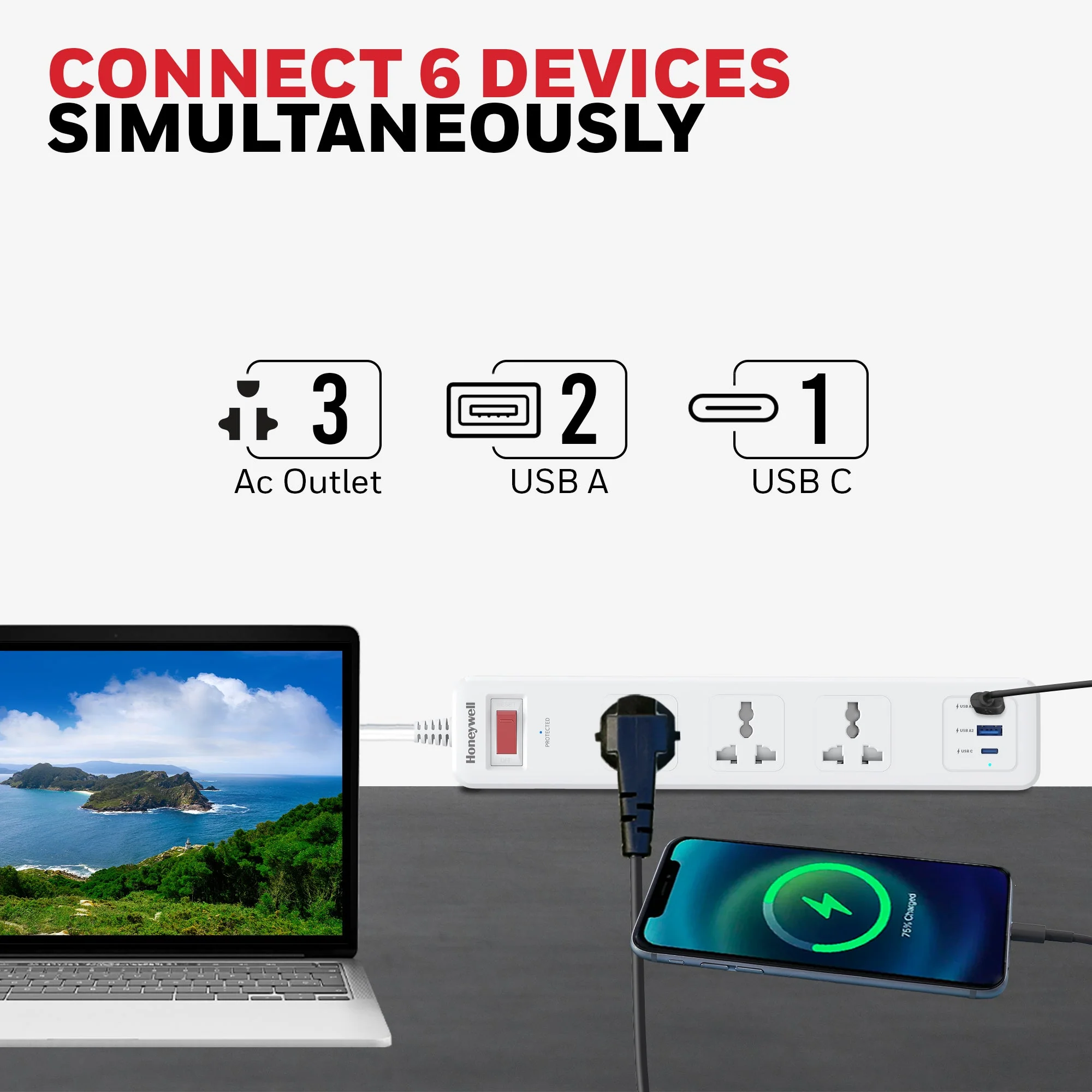 3 Outlet Surge Protector With 1xType C & 2xUSB - White - Image 3