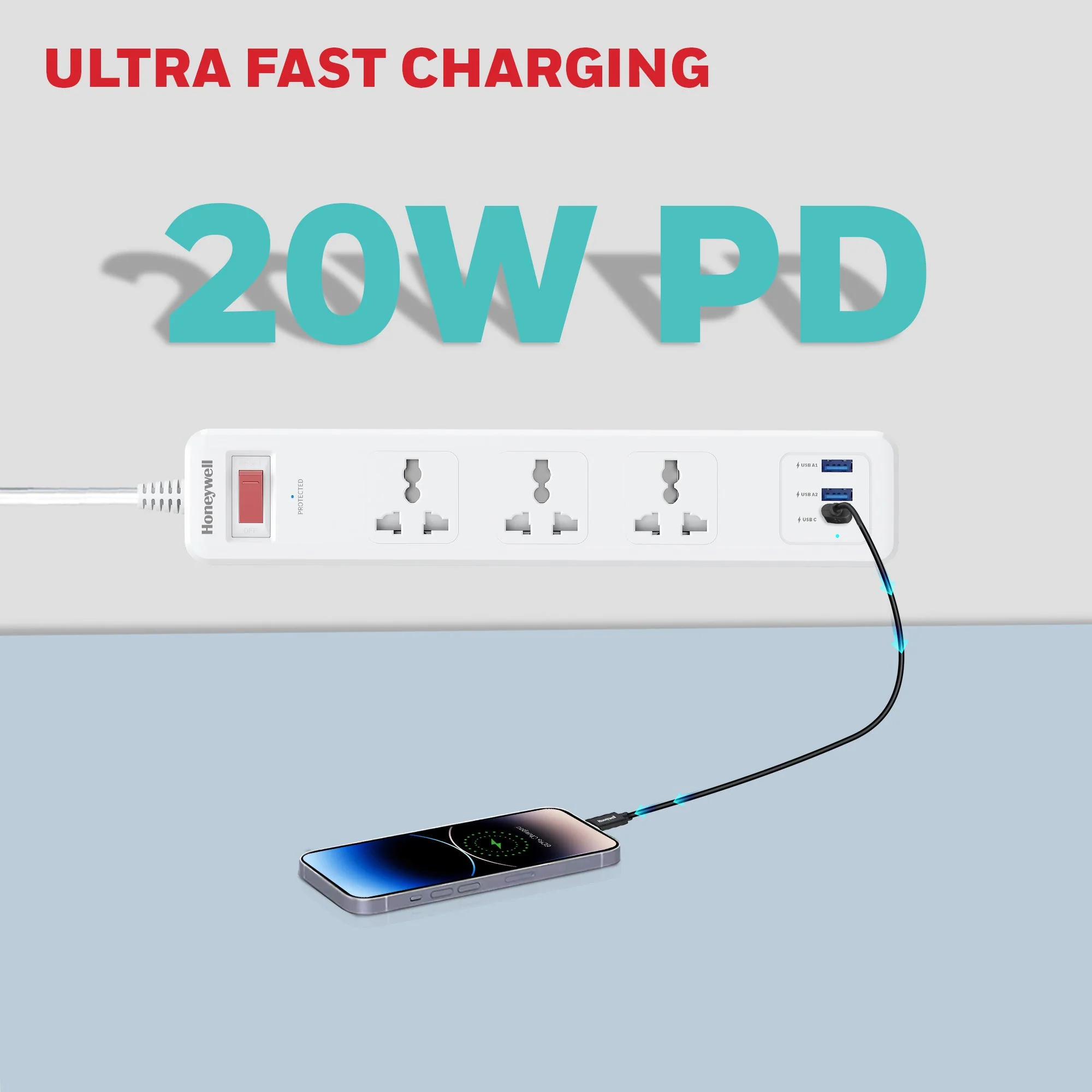 3 Outlet Surge Protector With 1xType C & 2xUSB - White - Image 4