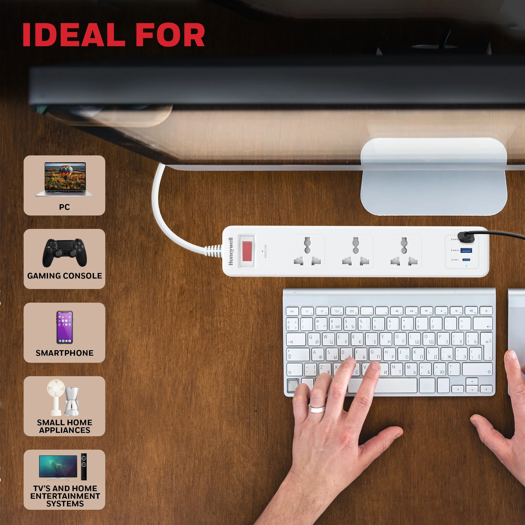 3 Outlet Surge Protector With 1xType C & 2xUSB - White - Image 6