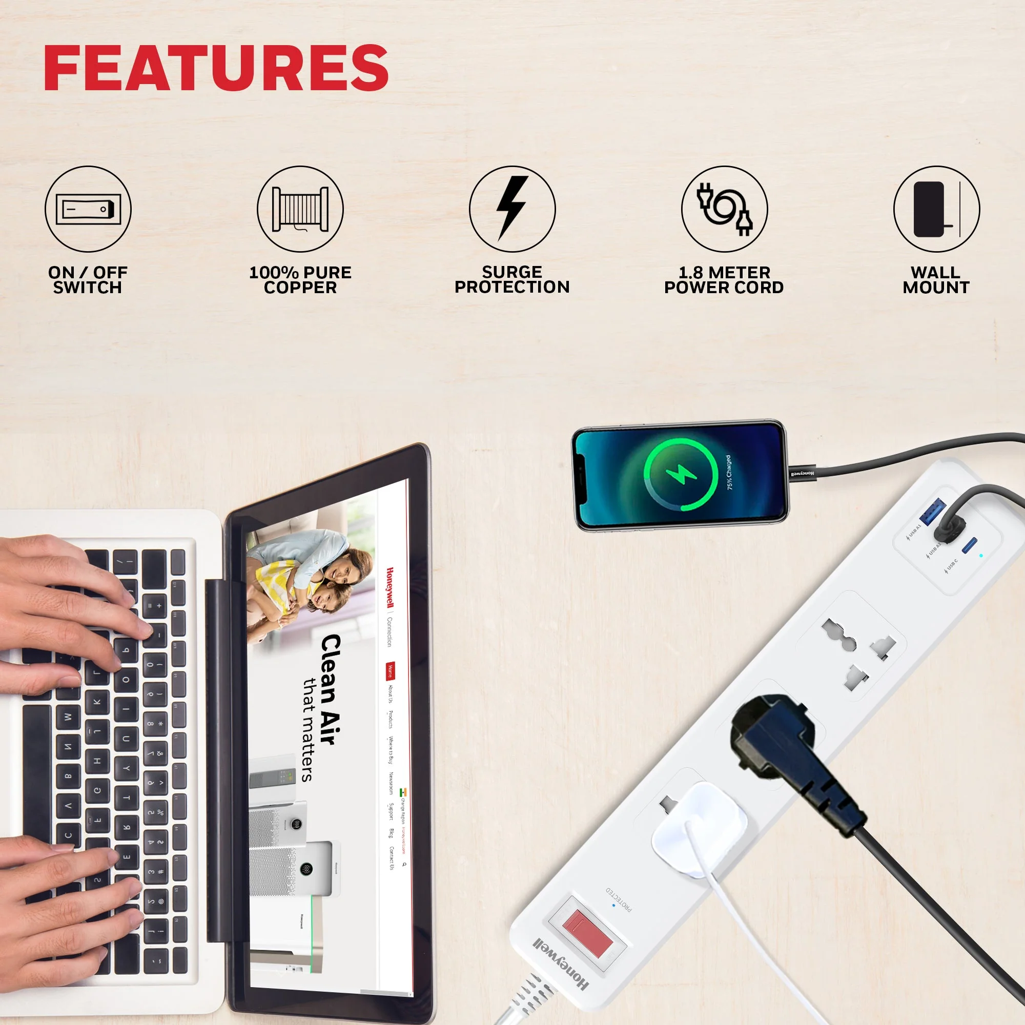 3 Outlet Surge Protector With 1xType C & 2xUSB - White - Image 7