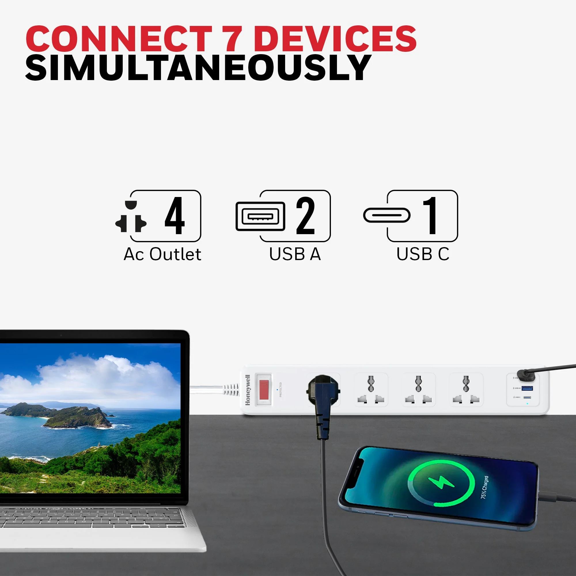 4 Outlet Surge Protector with 1xType C with PD & 2xUSB - White - Image 3