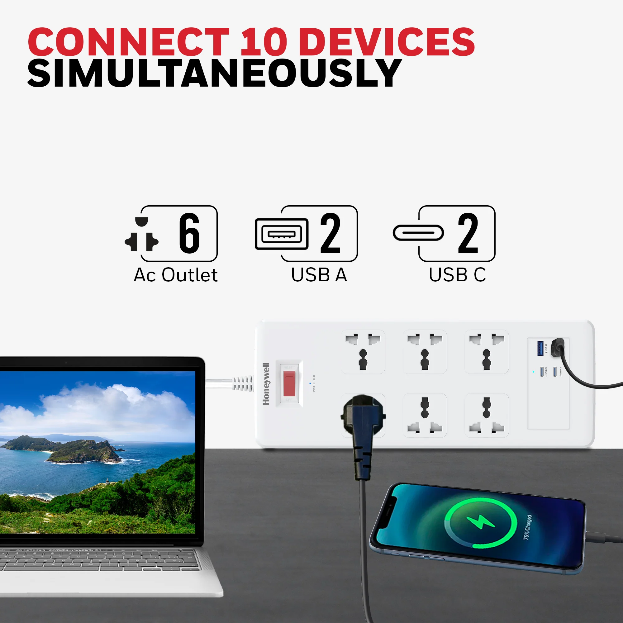 6 Outlet Surge Protector with 2xType C with PD & 2xUSB - White - Image 2