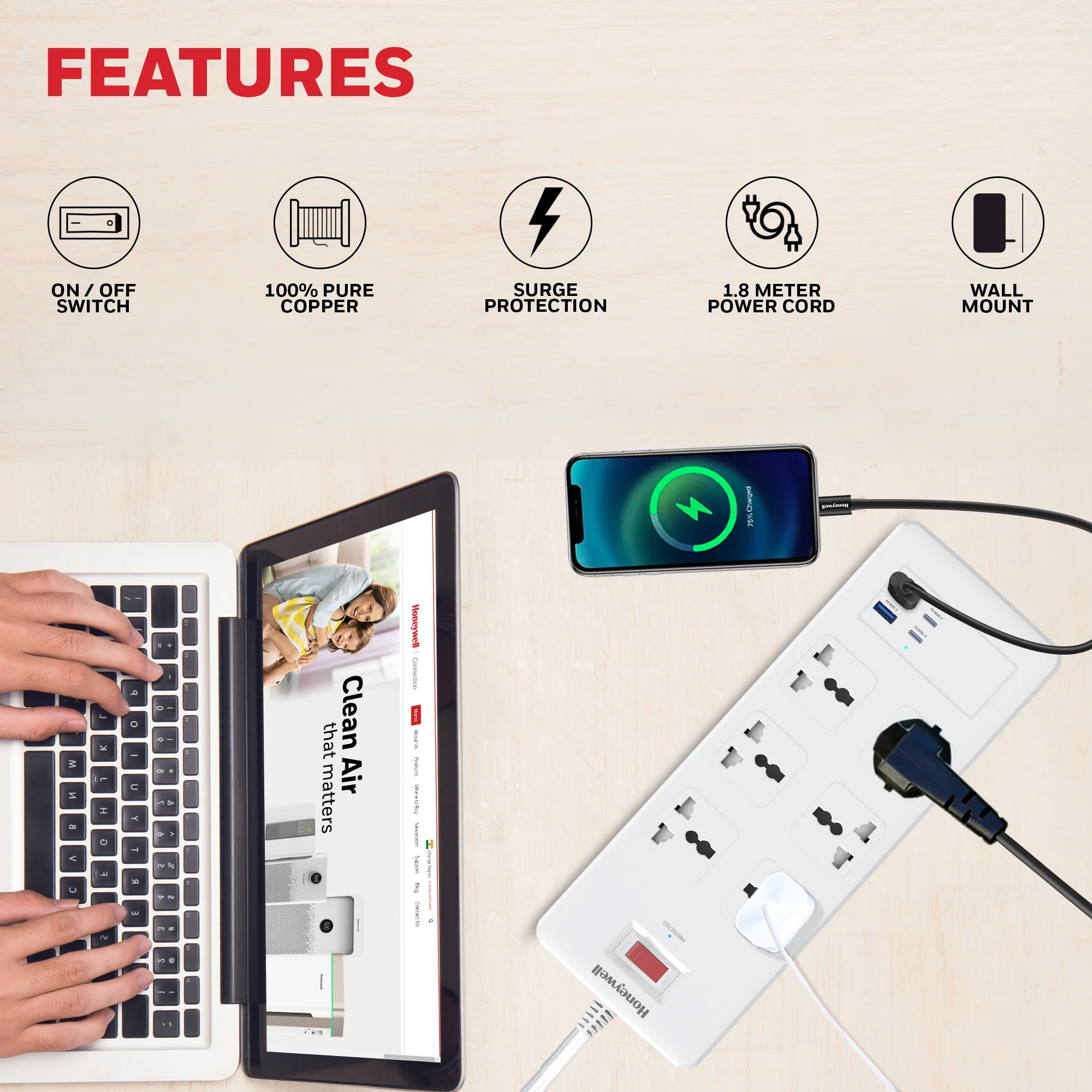 6 Outlet Surge Protector with 2xType C with PD & 2xUSB - White - Image 4