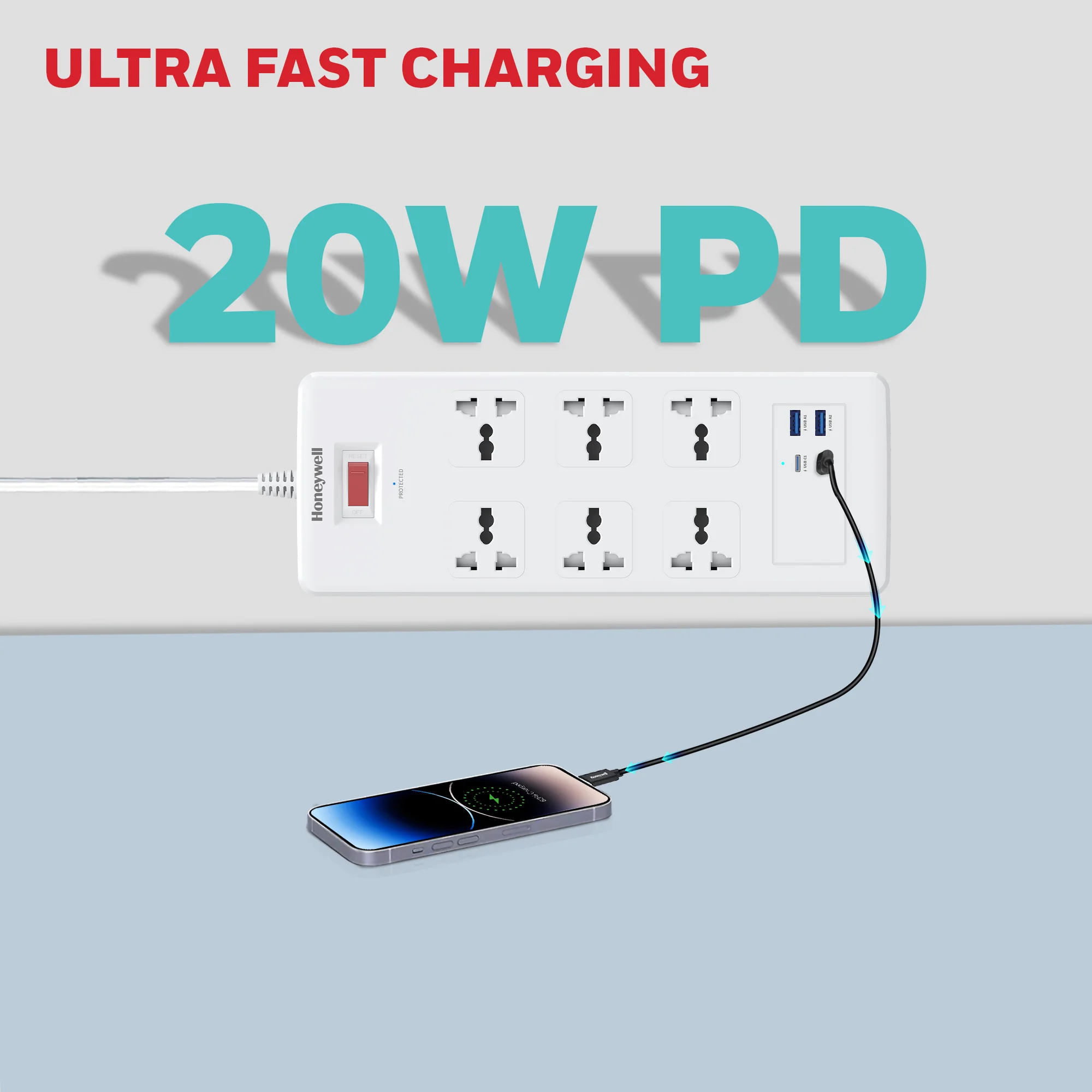 6 Outlet Surge Protector with 2xType C with PD & 2xUSB - White - Image 6
