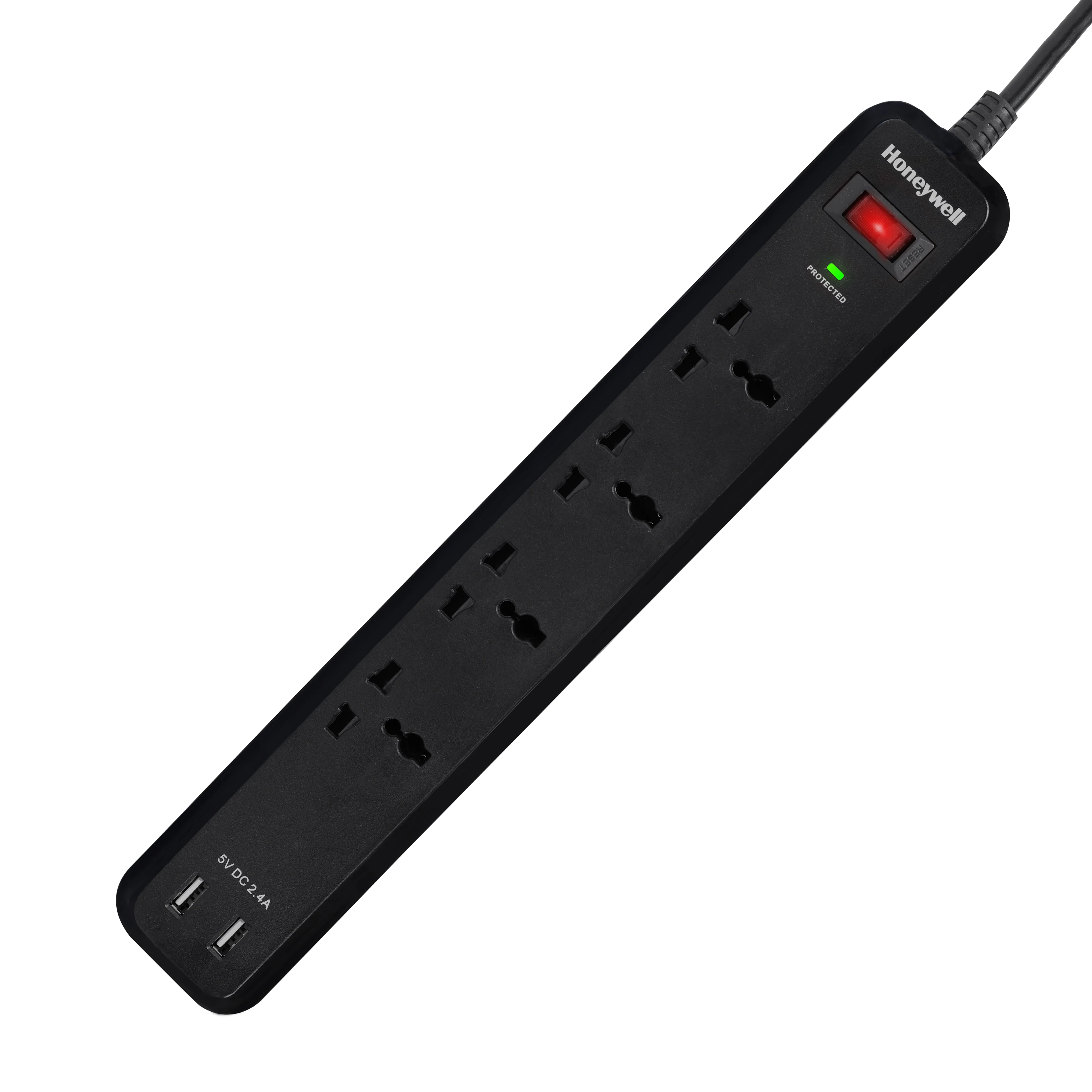 4 out surge protector with master switch + 2 USB - Black
