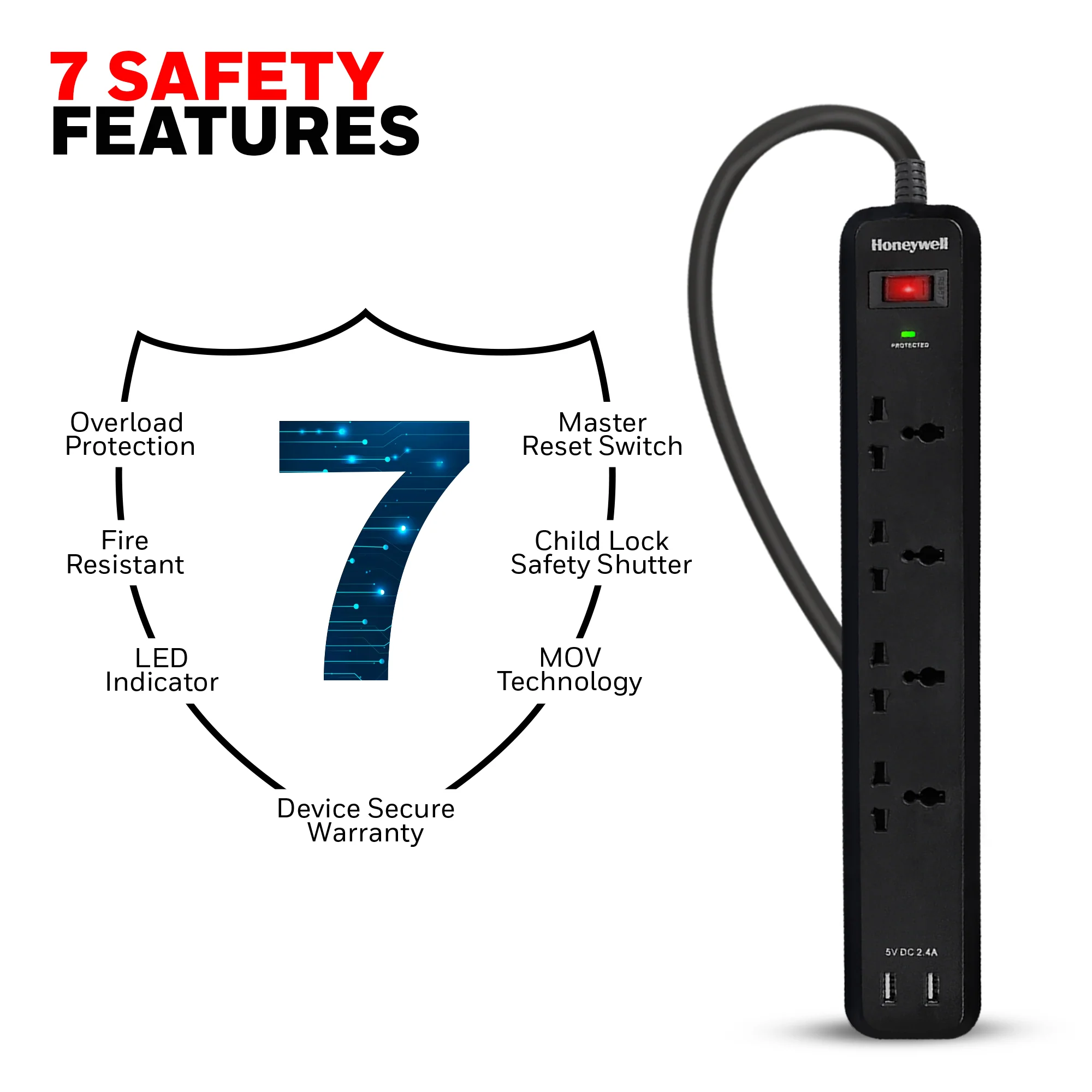 4 out surge protector with master switch + 2 USB - Black - Image 6