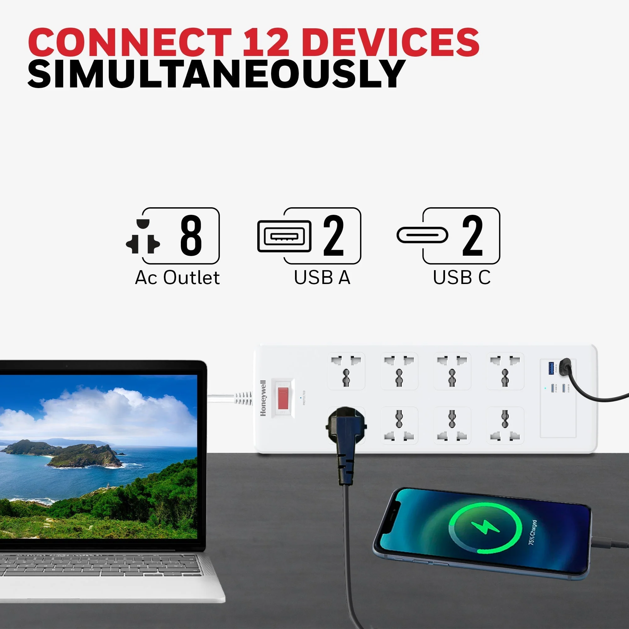 8 Outlet Surge Protector with 2 Type C with PD & 2 USB - White - Image 3