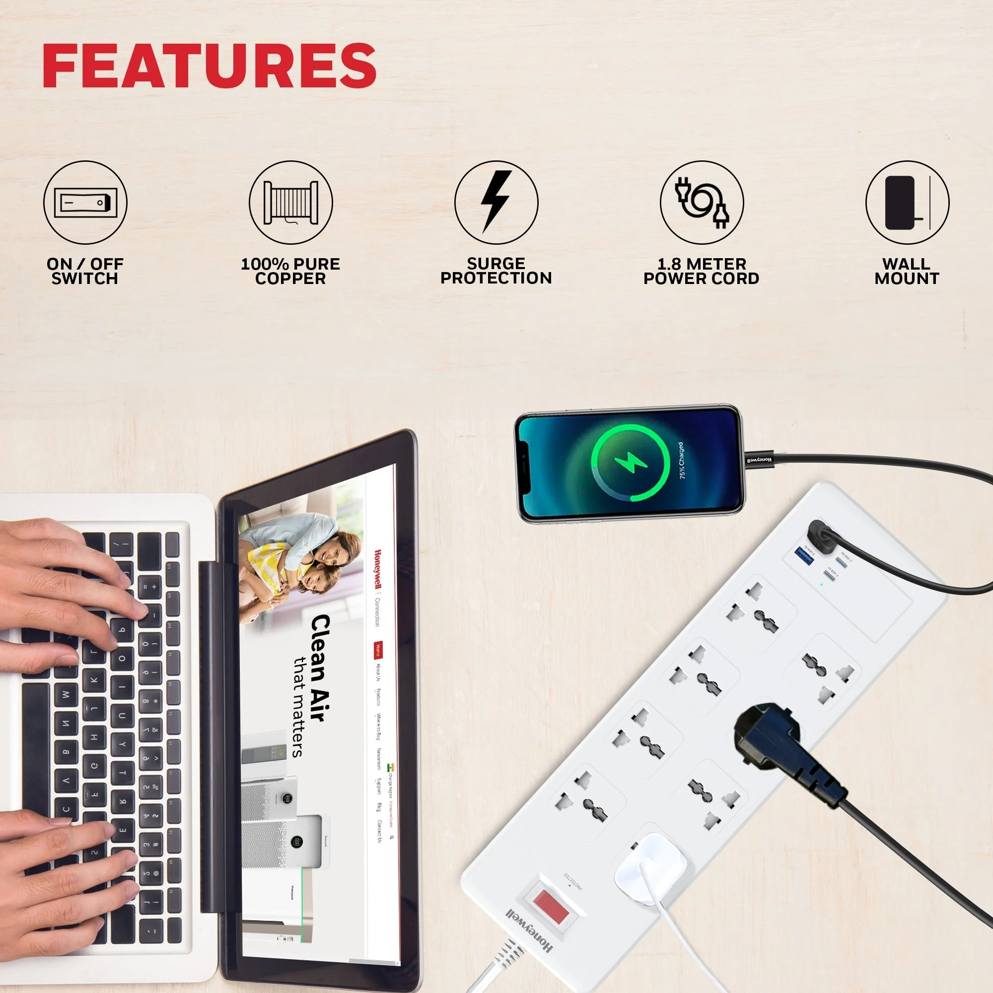 8 Outlet Surge Protector with 2 Type C with PD & 2 USB - White - Image 5