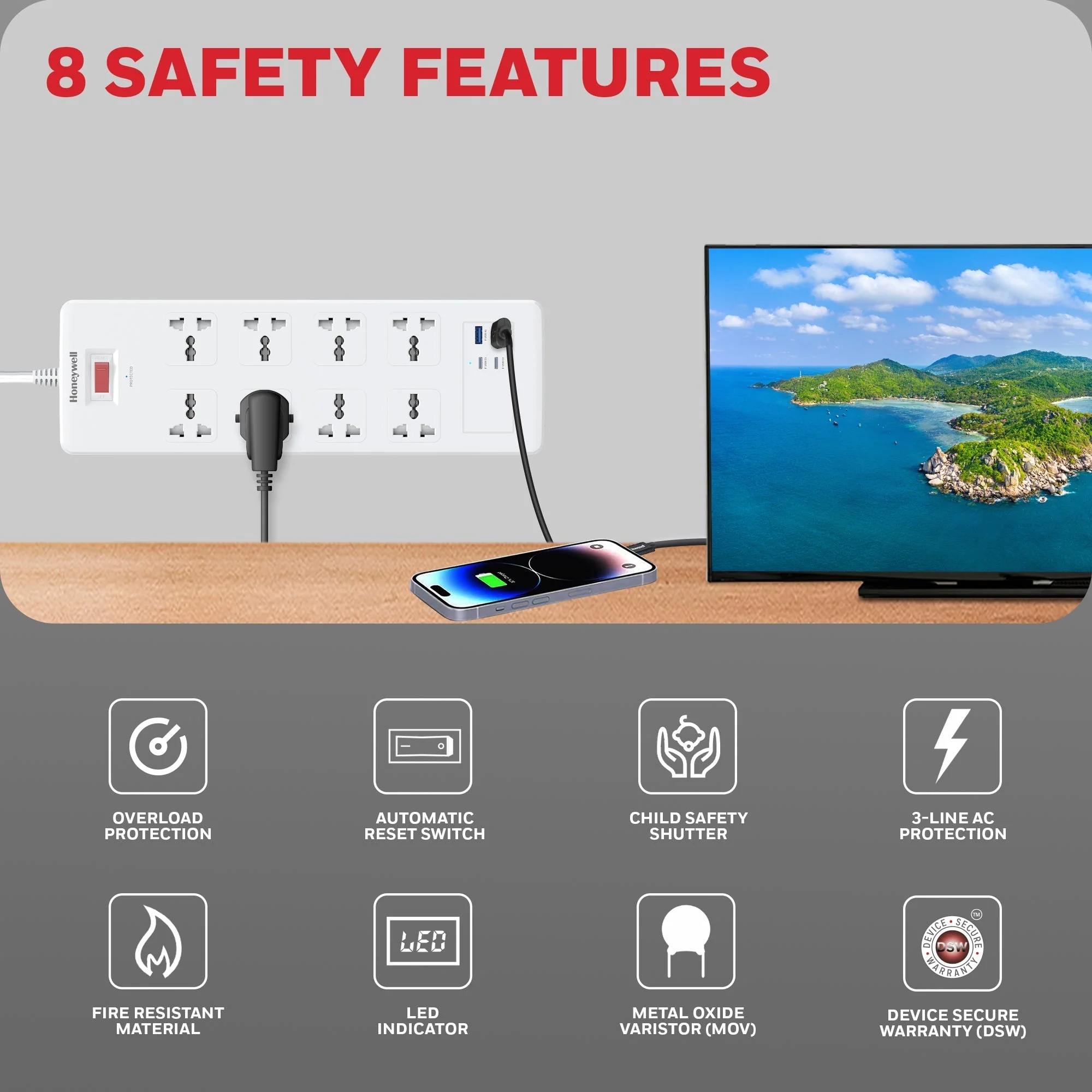 8 Outlet Surge Protector with 2 Type C with PD & 2 USB - White - Image 7